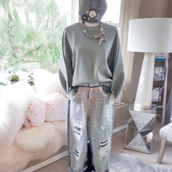 EUC H&M blue grey metallised fibre accent sweater top - Picture 2 of 11